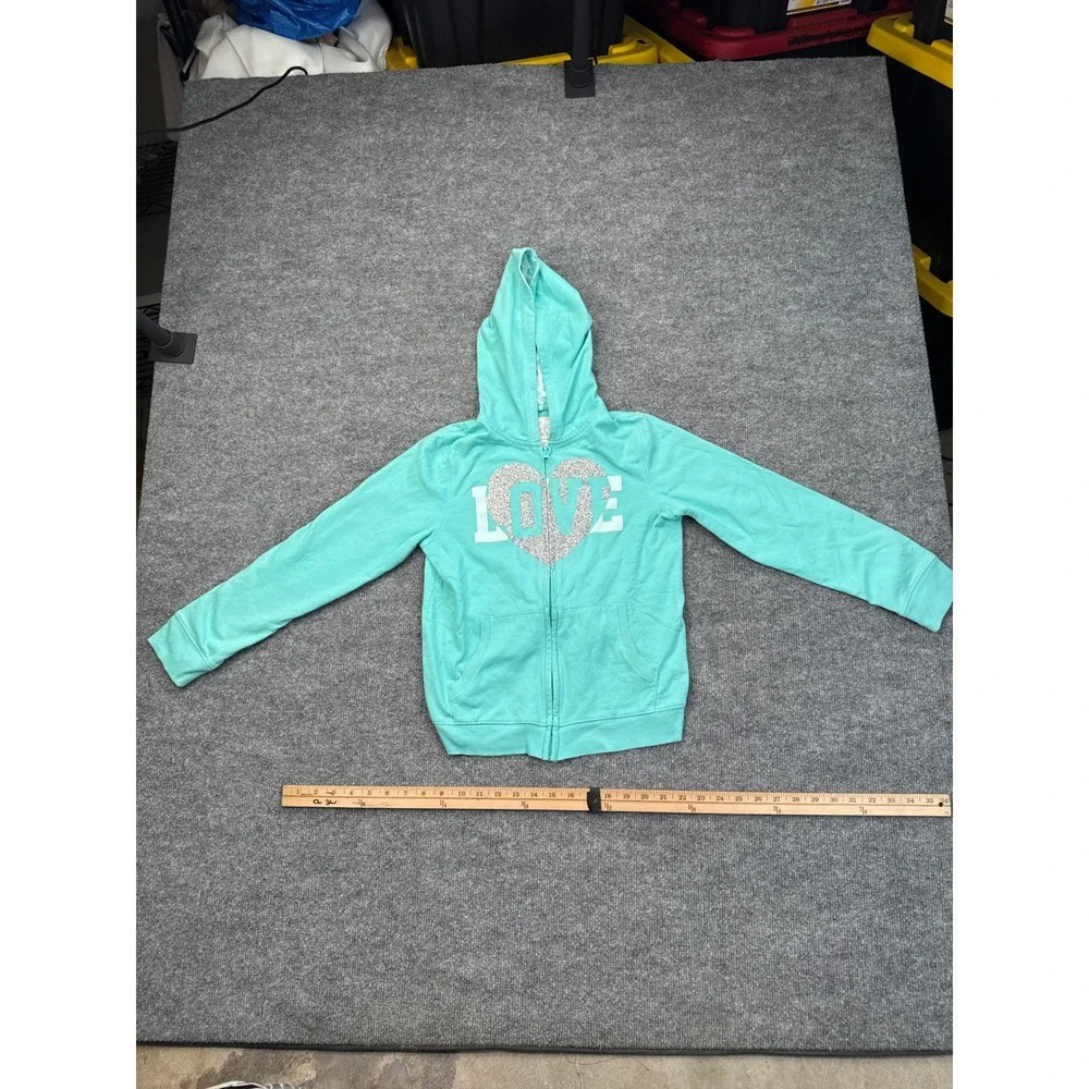 The Children's Place Girls XL 14 Teal Blue LOVE Glitter Zip Up Hoodie Sweatshirt
